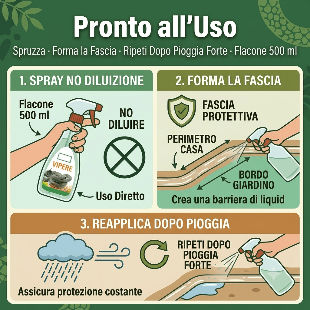 Infografica di istruzioni per disabituante vipere spray: come applicare il prodotto pronto all'uso per proteggere il giardino.