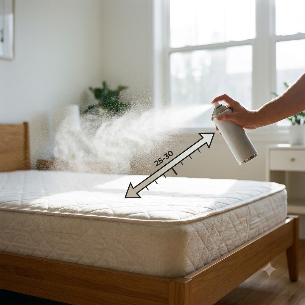 Applicazione dello spray antiacaro materassi da una distanza di 25-30 cm per eliminare gli acari dal letto.