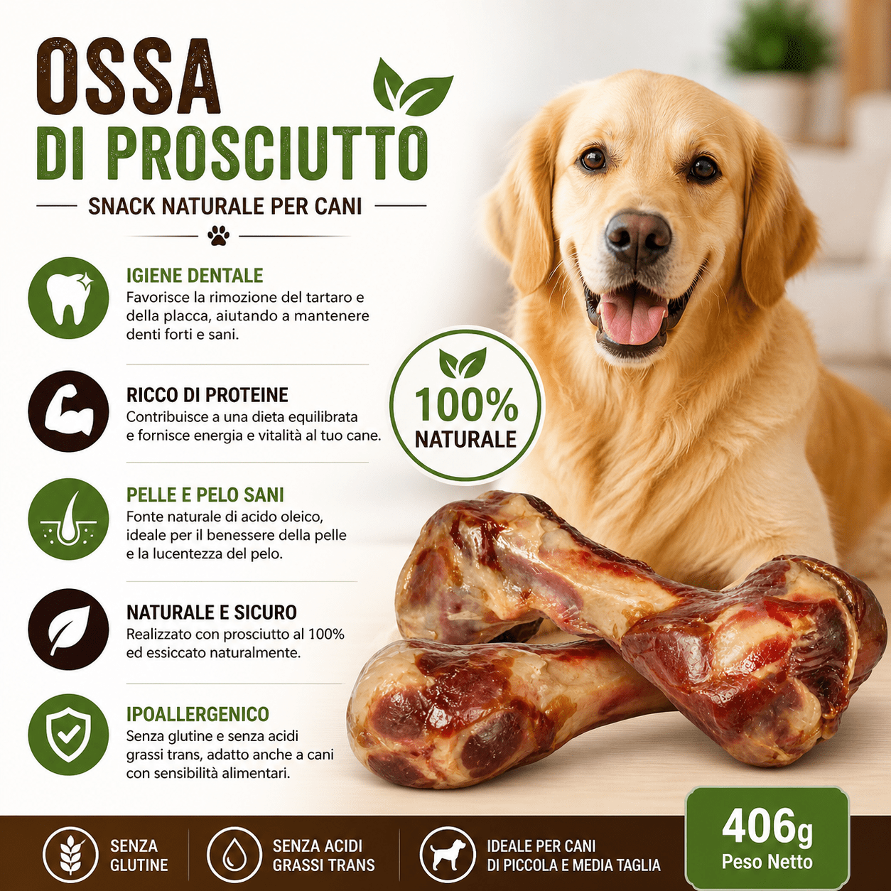 Snack per Cani Ossa di Prosciutto 406g Naturale 100% Senza Glutine Ipoallergenico Igiene Dentale Ricco Proteine - Lemag srl