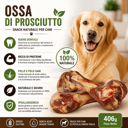 Snack per Cani Ossa di Prosciutto 406g Naturale 100% Senza Glutine Ipoallergenico Igiene Dentale Ricco Proteine - Lemag srl