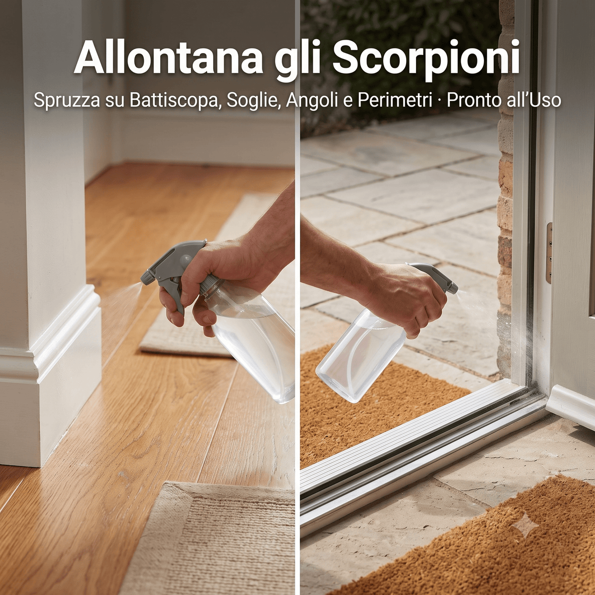 Persona che spruzza il disabituante scorpioni Energica su battiscopa e soglie per allontanare gli scorpioni da casa e giardino.