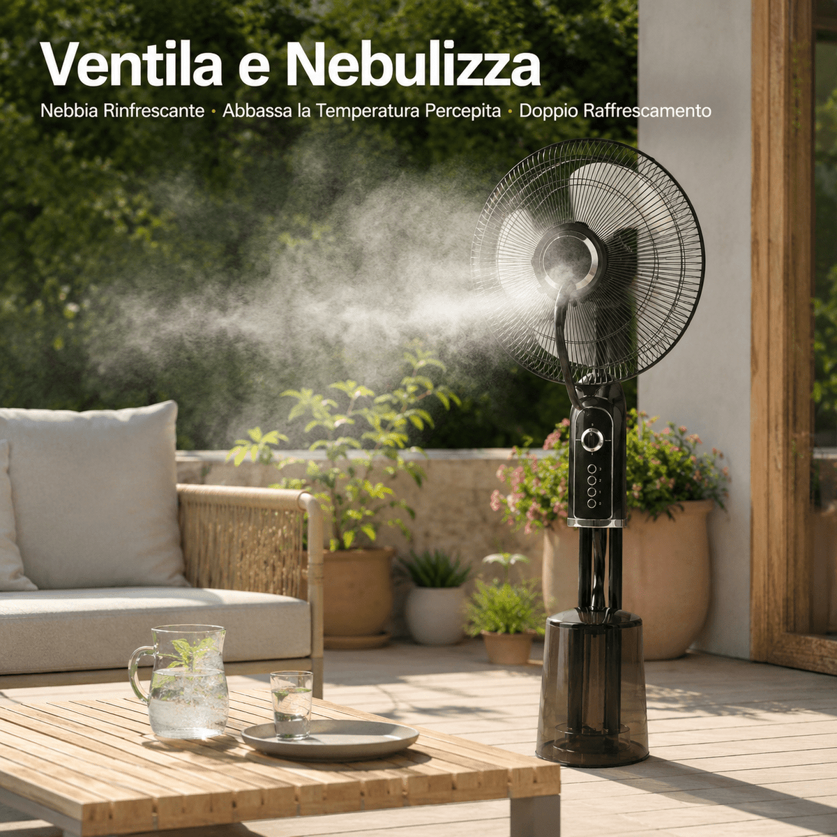 Ventilatore nebulizzatore ad acqua nero in funzione su un patio esterno, ideale per abbassare la temperatura estiva.