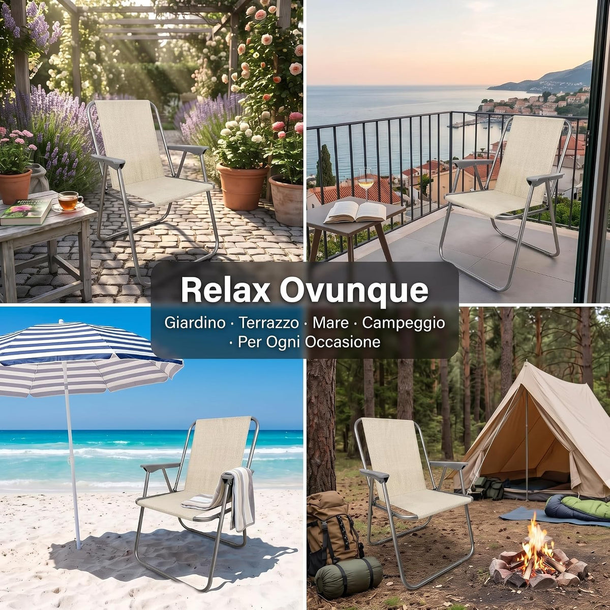 Set di sedie relax da giardino ecrù utilizzabili in terrazzo, spiaggia, campeggio ed esterno.