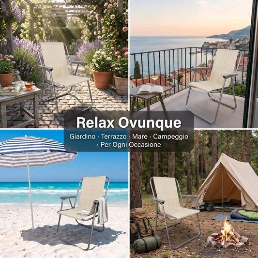 Set di sedie relax da giardino ecrù utilizzabili in terrazzo, spiaggia, campeggio ed esterno.