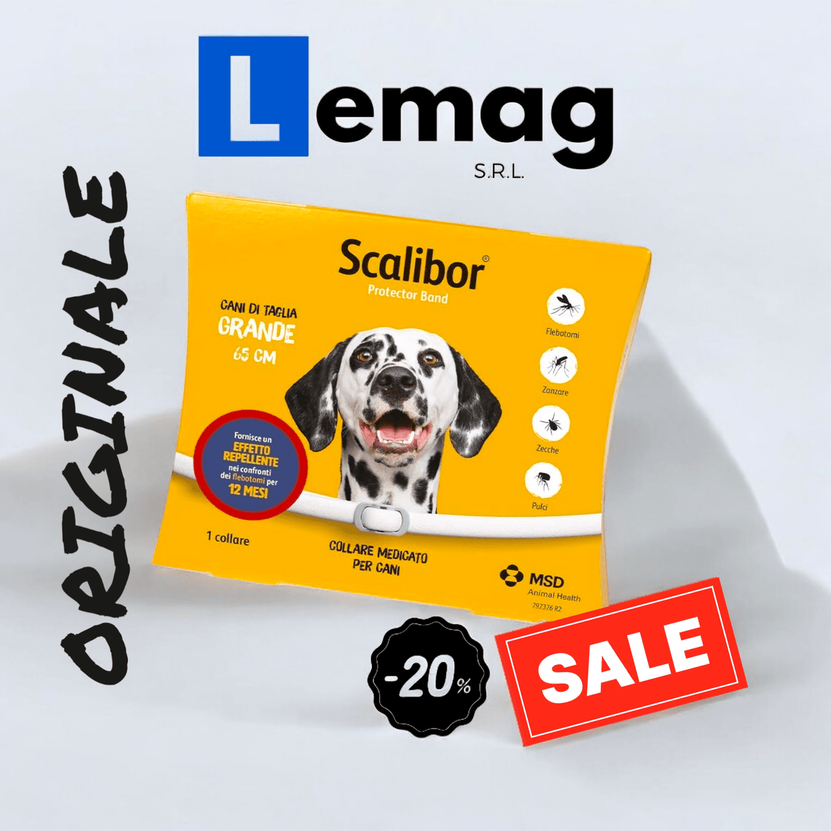 Confezione originale del collare Scalibor cani grandi da 65 cm in offerta con sconto del 20%.
