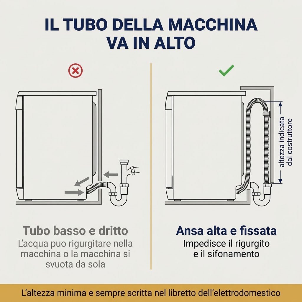 Installazione corretta del tubo lavastoviglie con il sifone salvaspazio 2 vasche per evitare il rigurgito d'acqua.