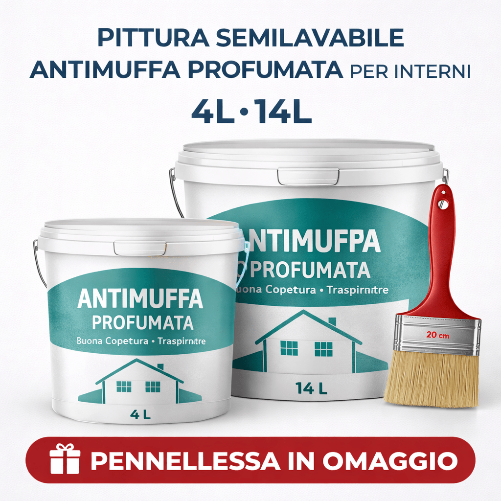 Pittura Semilavabile Antimuffa Profumata per Interni 4L / 14L – Alta Copertura e Traspirante + Pennellessa 20 cm in Omaggio - Lemag srl