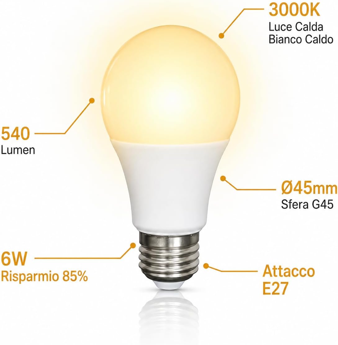 Set 6 Lampadine LED Sfera G45 6W E27 – 540lm | Luce Calda Bianco Caldo 3000K | Risparmio Energetico | Attacco E27 | Soggiorno Camera Corridoio | Made in Italy - Lemag srl