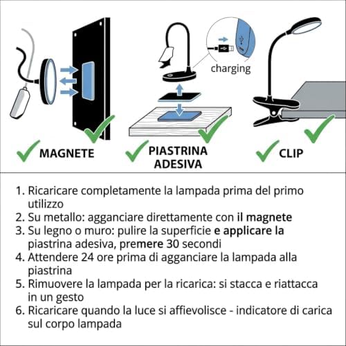 Set 2 Lampade LED Magnetiche Ricaricabili USB – 3 W, 210 Lumen, 5000 K – Batteria 2000 mAh – Adesivo e Clip Inclusi – Nere - Lemag srl