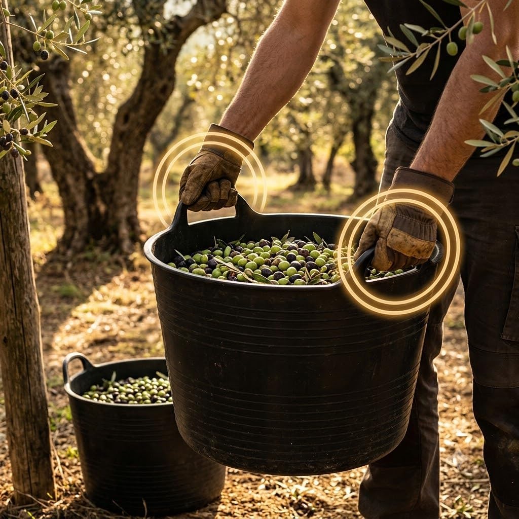 Raccolta di olive con mastelli per vivaio neri in polietilene, resistenti e dotati di comodi manici ergonomici.