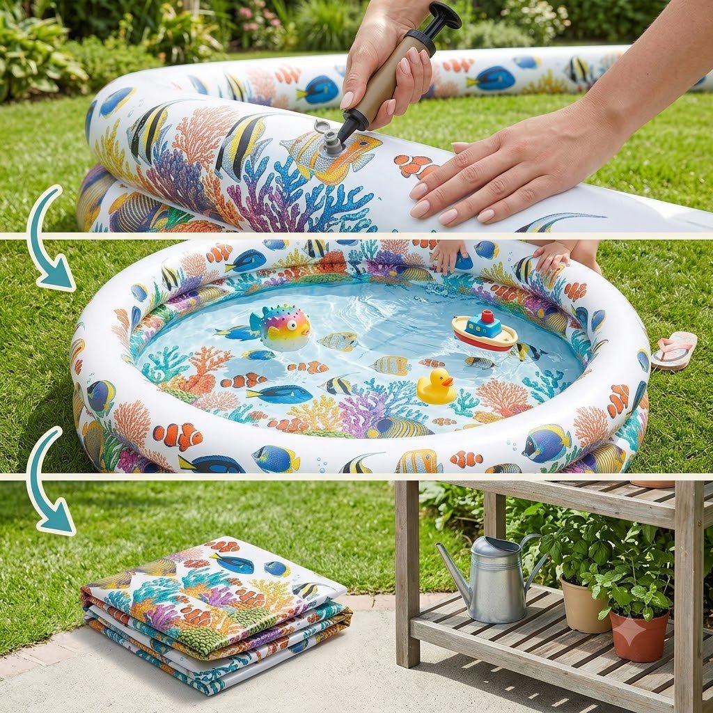 La piscina gonfiabile per bambini con grafica barriera corallina: fasi di gonfiaggio, uso in giardino e ripiegamento salvaspazio.