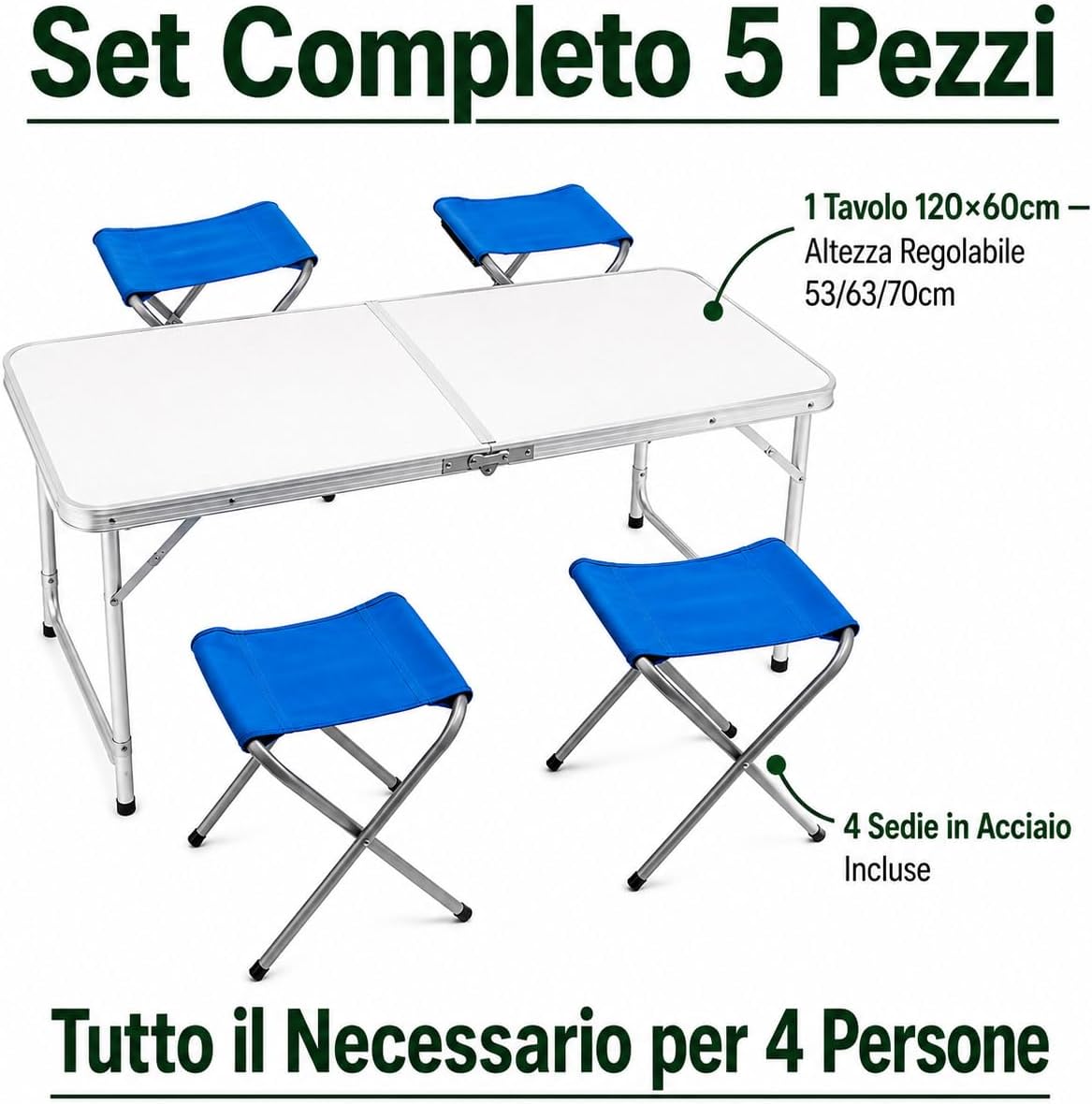 Set Tavolo + 4 Sedie Campeggio Acciaio 120x60cm – Altezza Regolabile 53/63/70cm | Bianco Pieghevole | Giardino Terrazzo Spiaggia | 5 Pezzi Completi | Made in Italy - Lemag srl