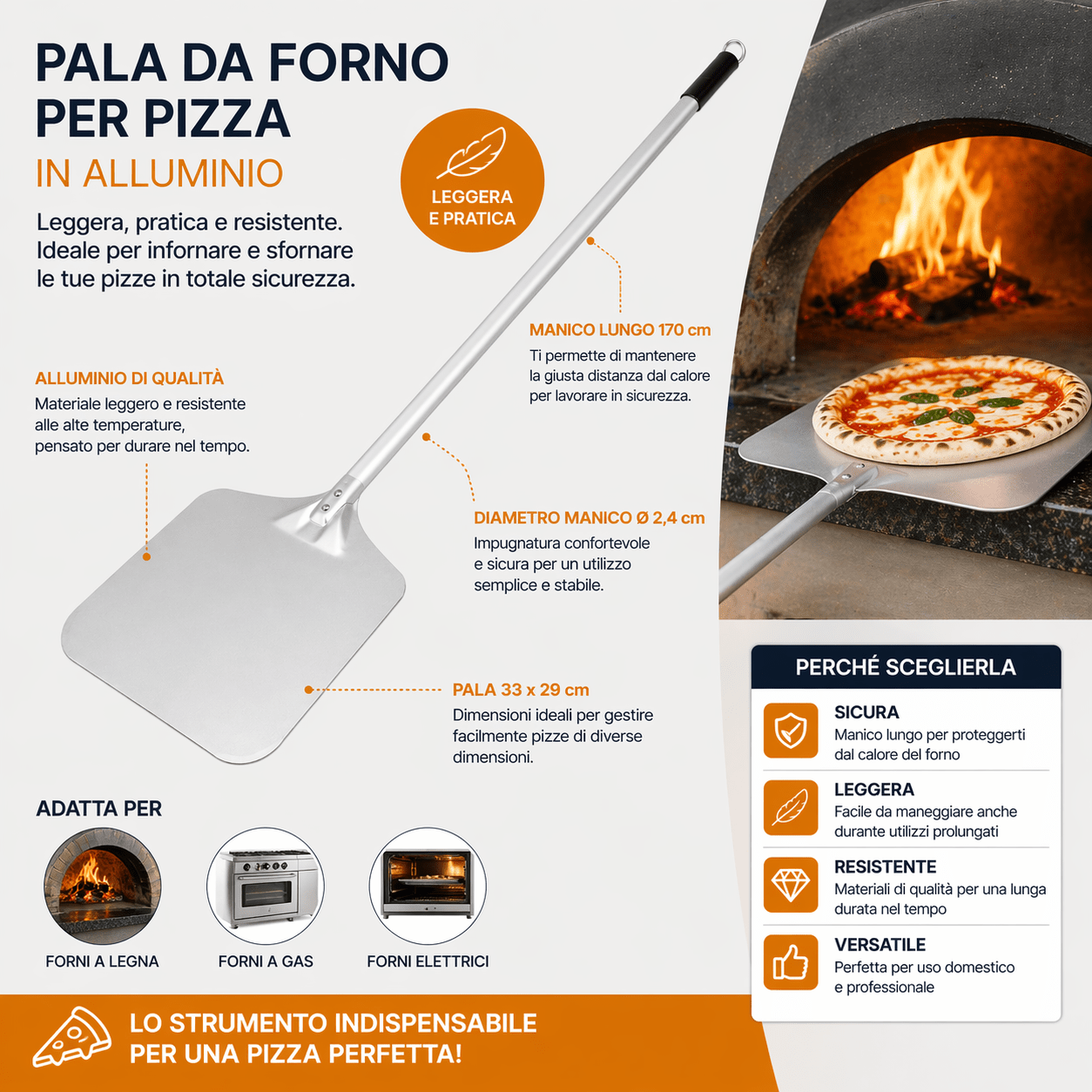 Pala Pizza Alluminio con Manico 170 cm 33x29 cm - Lemag srl