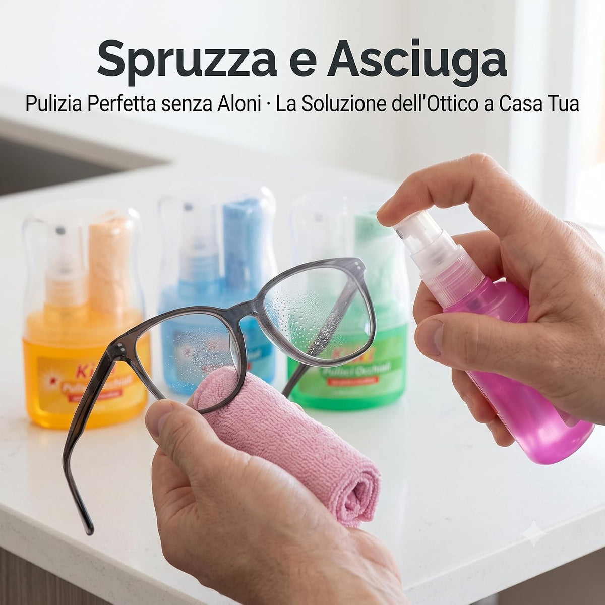 Dimostrazione del kit pulizia occhiali con spray e panno in microfibra per lenti trasparenti e senza aloni.