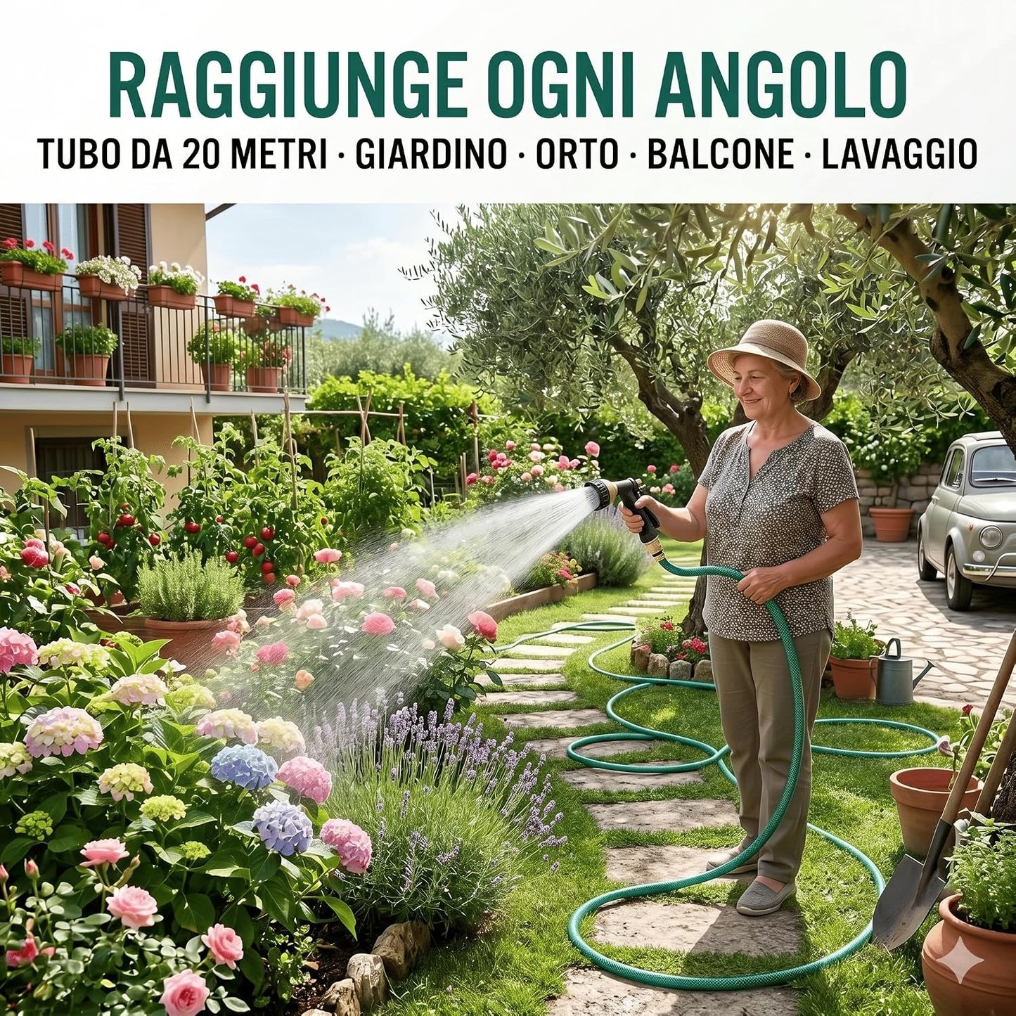 Tubo Irrigazione Retinato 1/2" 20 m con Pistola 5 Getti – Tubo da Giardino in PVC Anti-Alga e Atossico Antitorsione – Flessibile Resistente per Orto e Giardino - Lemag srl