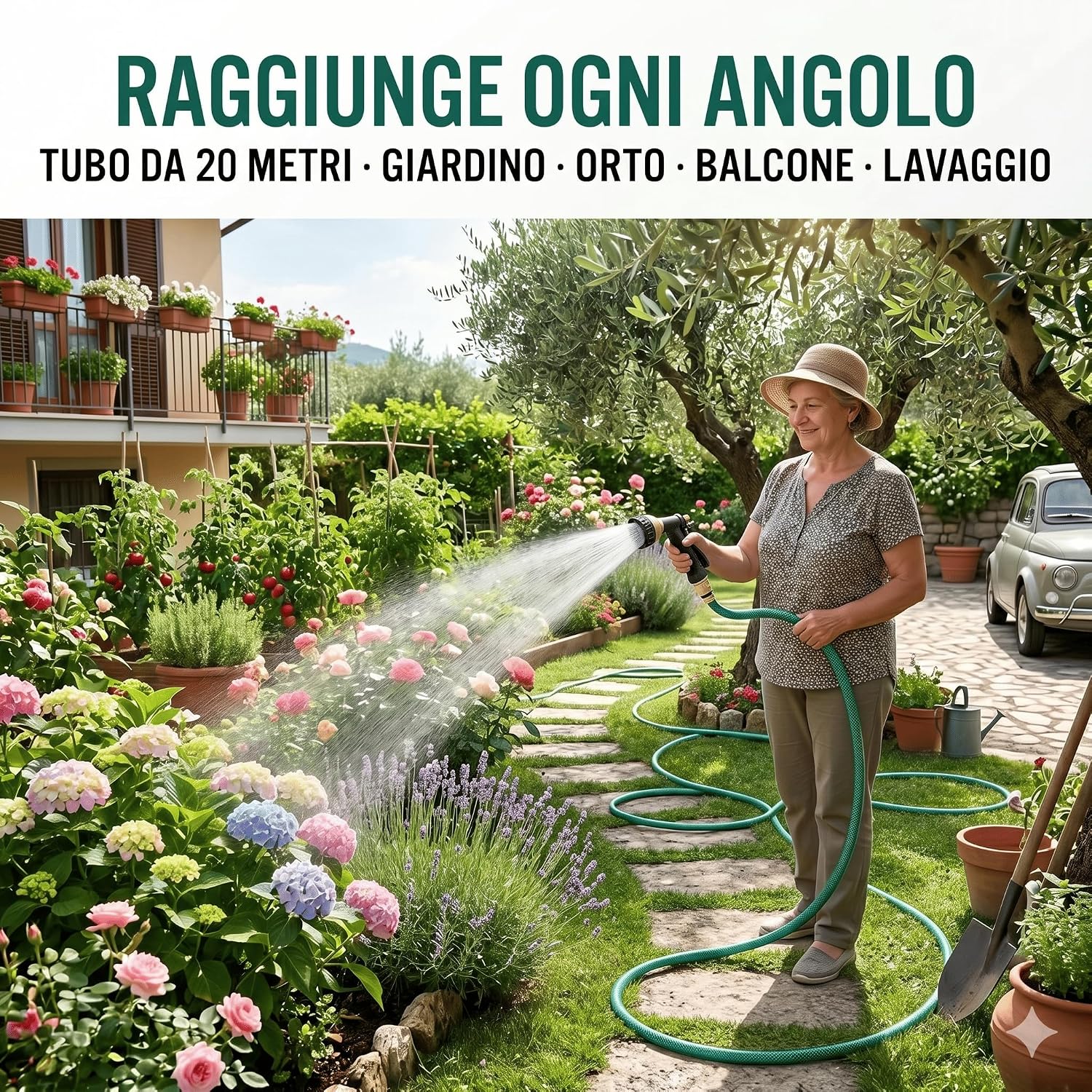 Tubo Irrigazione Retinato 1/2" 20 m con Pistola 5 Getti – Tubo da Giardino in PVC Anti-Alga e Atossico Antitorsione – Flessibile Resistente per Orto e Giardino - Lemag srl