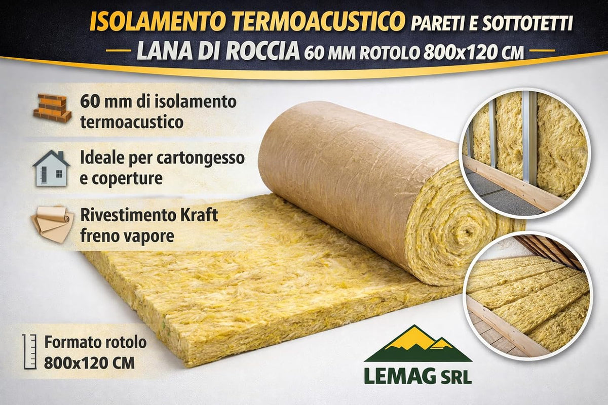 Lana di Roccia 60 mm Rotolo 800x120 cm con Carta Kraft – Isolante - Lemag srl