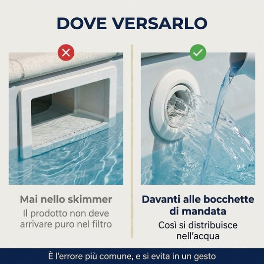 Guida su come versare l'ossigeno attivo piscina: davanti alle bocchette di mandata e mai nello skimmer.