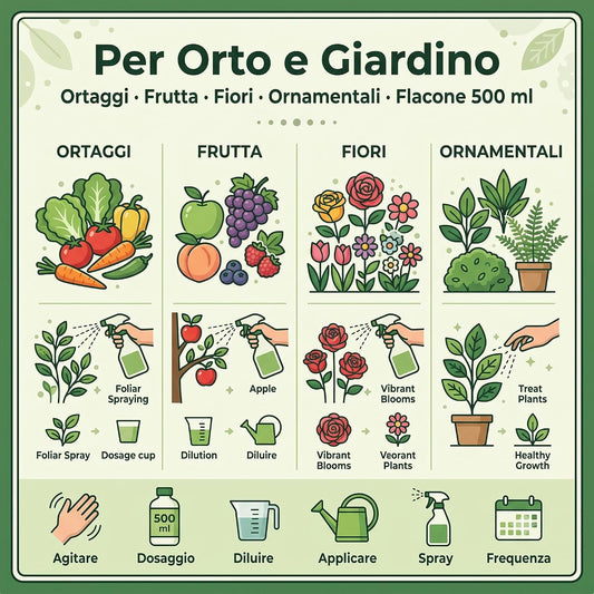 Infografica illustrativa con istruzioni d'uso del corroborante naturale per piante per orto, fiori e piante ornamentali.