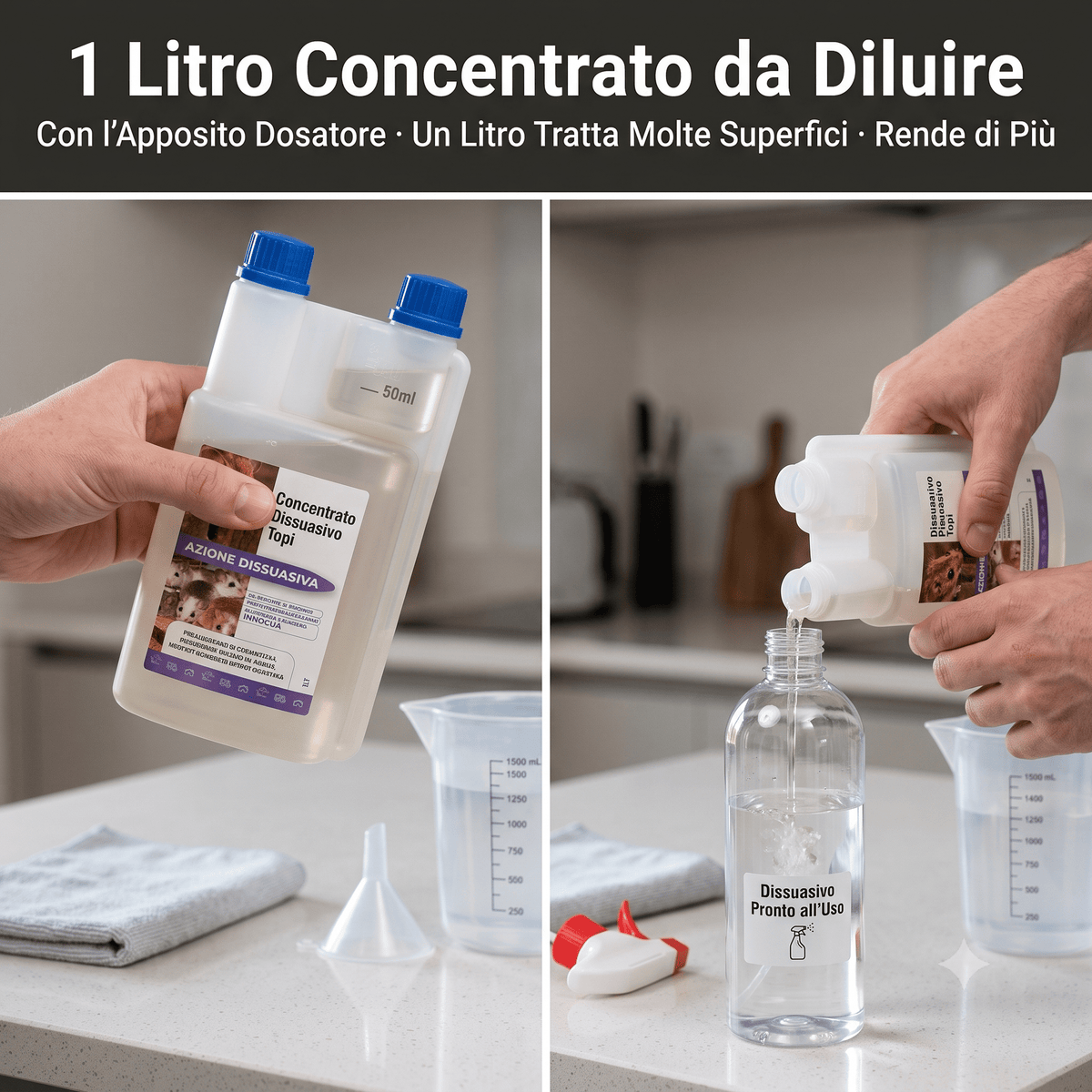 Come diluire il disabituante per topi concentrato da 1 litro nell'apposito dosatore per creare lo spray pronto all'uso.