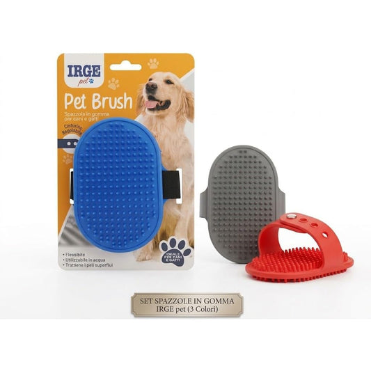 Set di spazzole in silicone per cani e gatti IRGE in tre colori per la toelettatura dei pet.