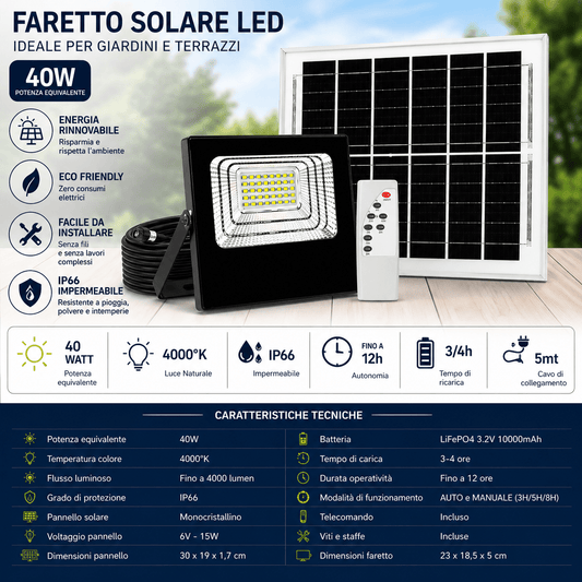 Faretto Solare 620LM 4000K IP65 con Telecomando Pannello Monocristallino - Lemag srl