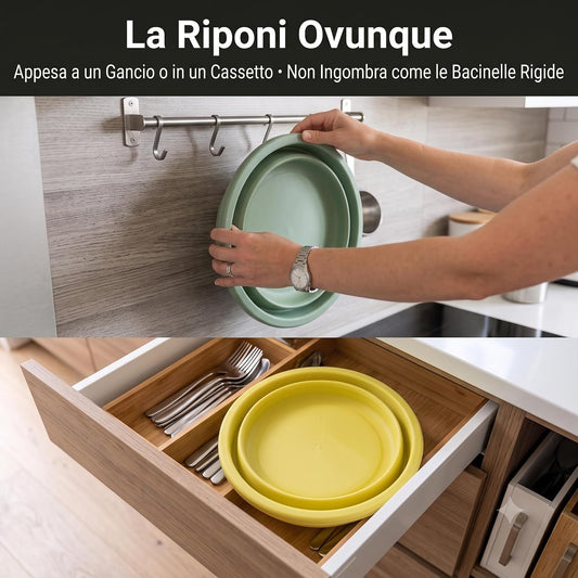 Esempio di bacinelle pieghevoli salvaspazio appese a un gancio e riposte in un cassetto della cucina per risparmiare spazio.