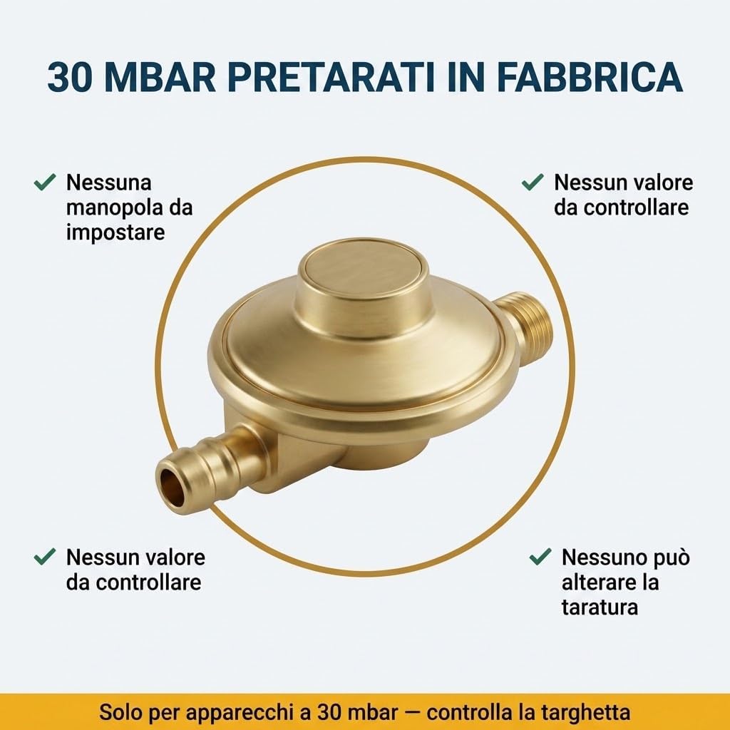 Regolatore Gas GPL 30 mbar Taratura Fissa – Kit Riduttore di Pressione Bassa Pressione per Bombola con Tubo Gas 2 m, 2 Fascette, Chiave Gas e Raccordo – Uso Domestico, Fornello, Barbecue - Lemag srl