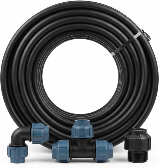 Tubo Polietilene Irrigazione Ecopipe Ø32 mm PN4 Rotolo 50 m + OMAGGIO Kit 3 Raccordi a Compressione (Curva, T, Tappo Finale Ø32) — Tubo Nero Flessibile per Linea Principale Giardino e Orto, Anti-UV - Lemag srl