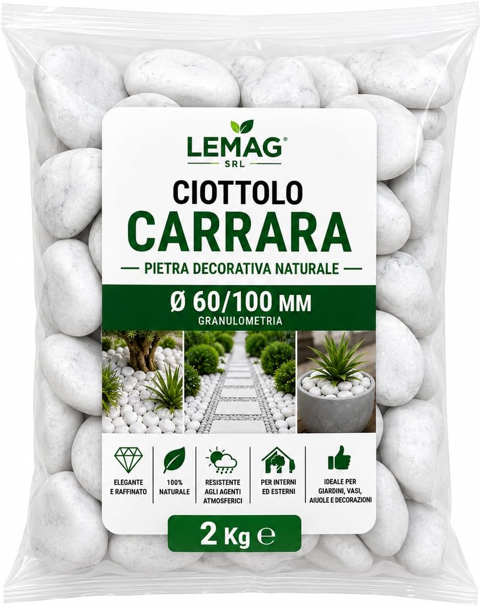 Ciottolo Carrara Bianco Ø 60/100 mm in Big Bag da 2 kg Pietra Decorativa Naturale per Giardino Aiuole Vasi Interno Esterno - Lemag srl