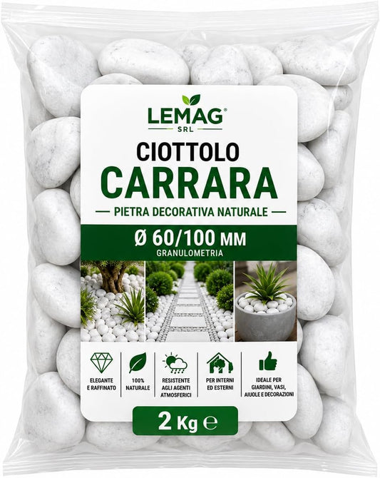 Ciottolo Carrara Bianco Ø 60/100 mm in Big Bag da 2 kg Pietra Decorativa Naturale per Giardino Aiuole Vasi Interno Esterno - Lemag srl