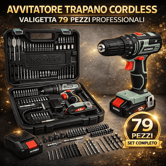 Avvitatore Trapano Cordless 1500 mAh 2 Velocità – 28 Nm – 18+1 Posizioni Coppia – Valigetta con 79 Accessori Professionali - Lemag srl