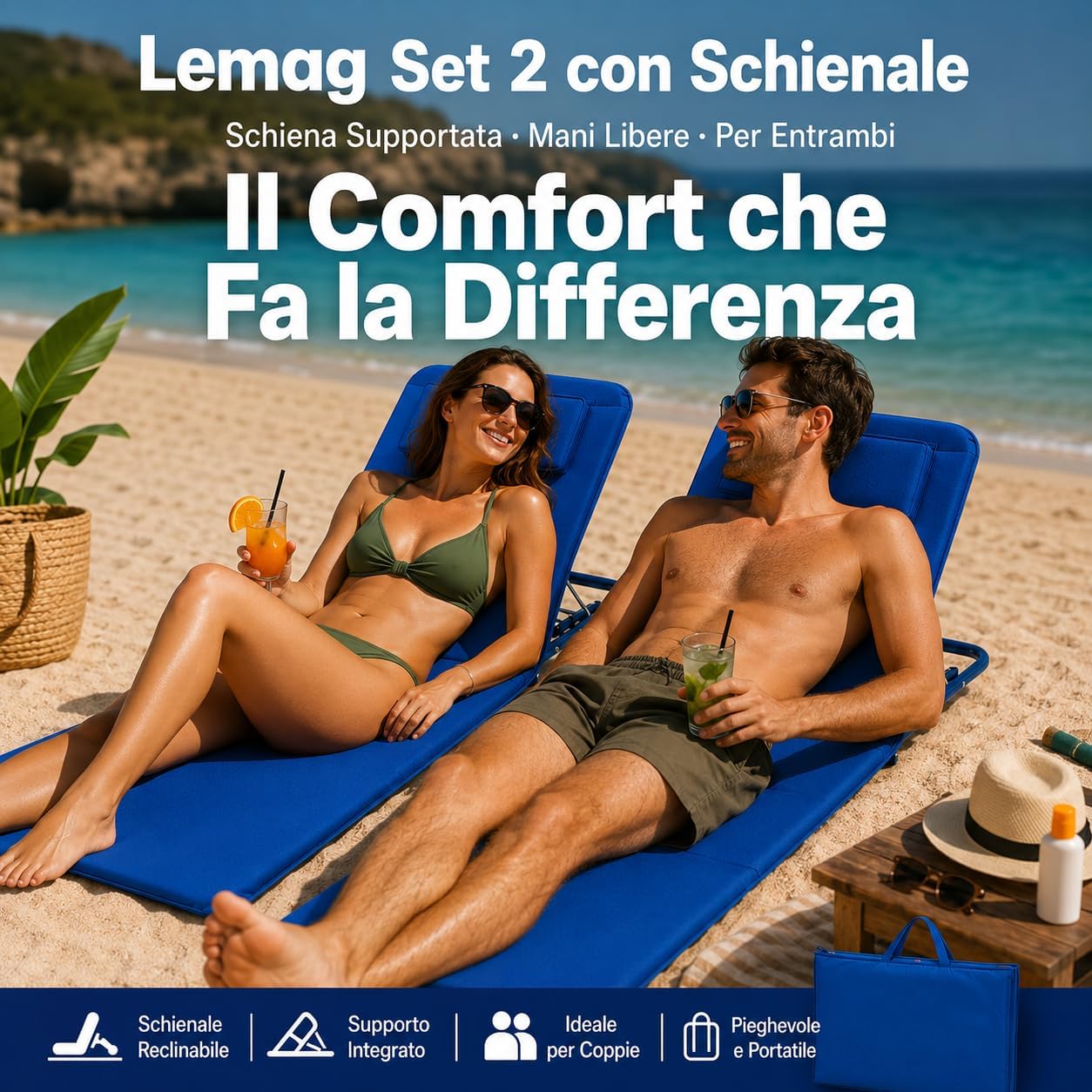 Set 2 Materassini Gonfiabili da Spiaggia con Schienale 147x47x41cm – Sdraio Gonfiabile Coppia | Piscina Campeggio Giardino | Schienale Reclinabile | Made in Italy - Lemag srl