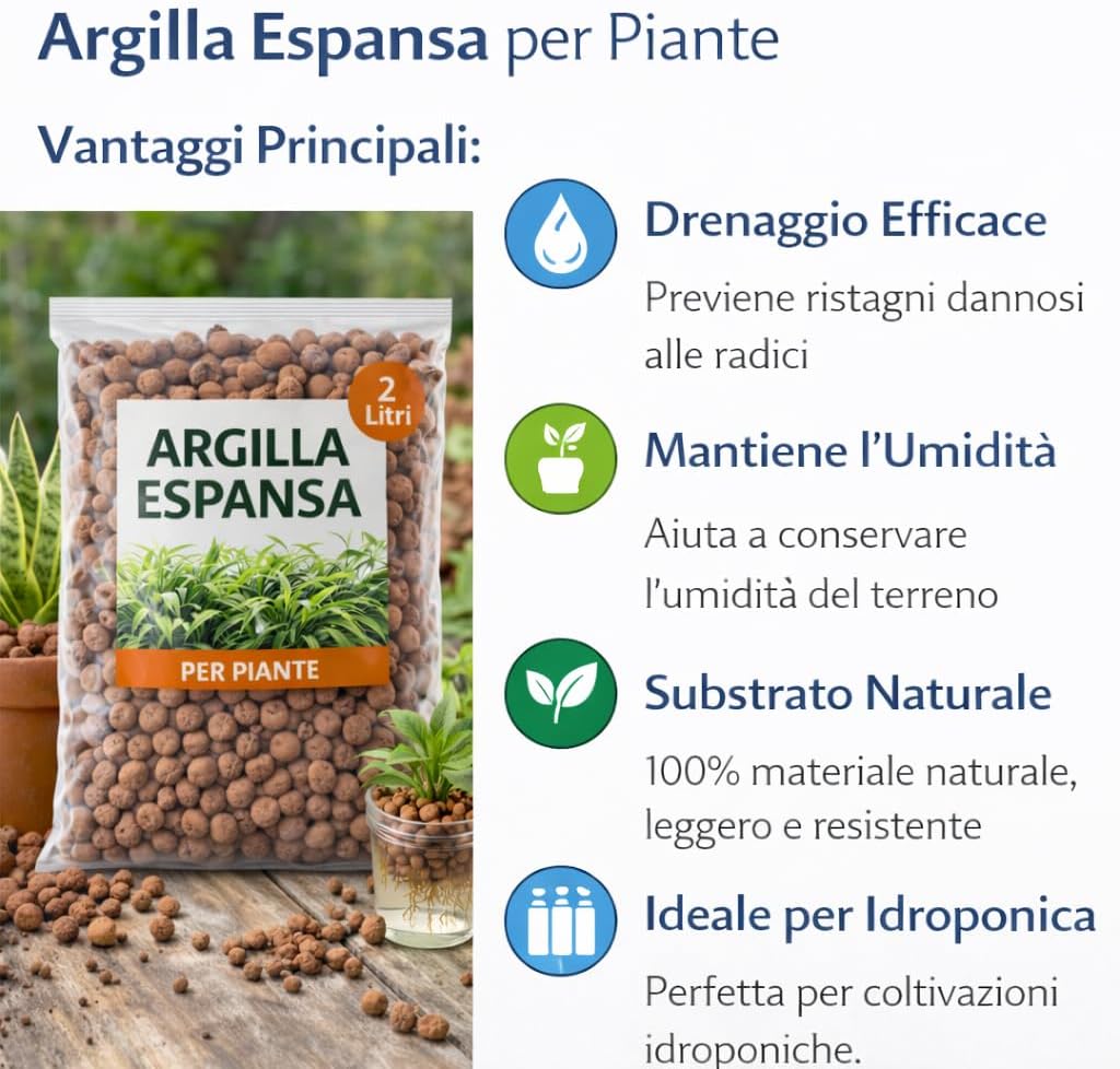 Argilla Espansa per Piante 2 Litri – Drenaggio per Vasi e Fioriere – Substrato Naturale per Giardinaggio, Idroponica e Decorazione - Lemag srl
