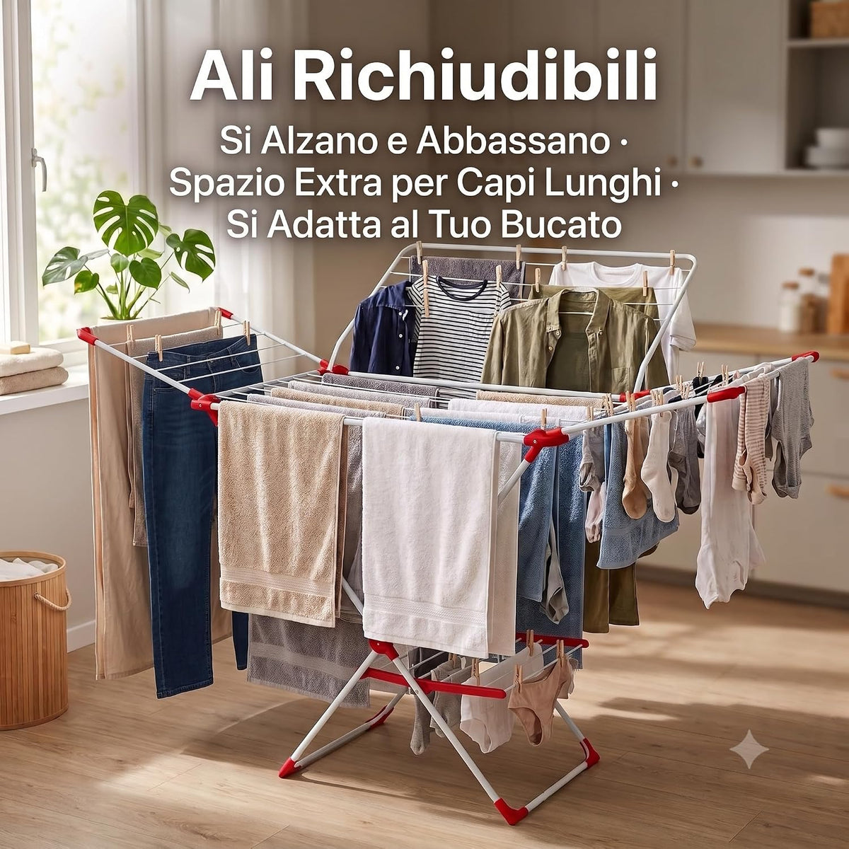 stendibiancheria pieghevole con ali aperto e carico di vestiti e asciugamani stesi in casa.
