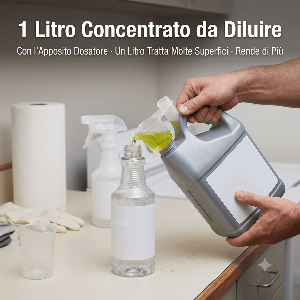 Diluizione del disabituante piccioni concentrato con dosatore integrato per preparare lo spray.