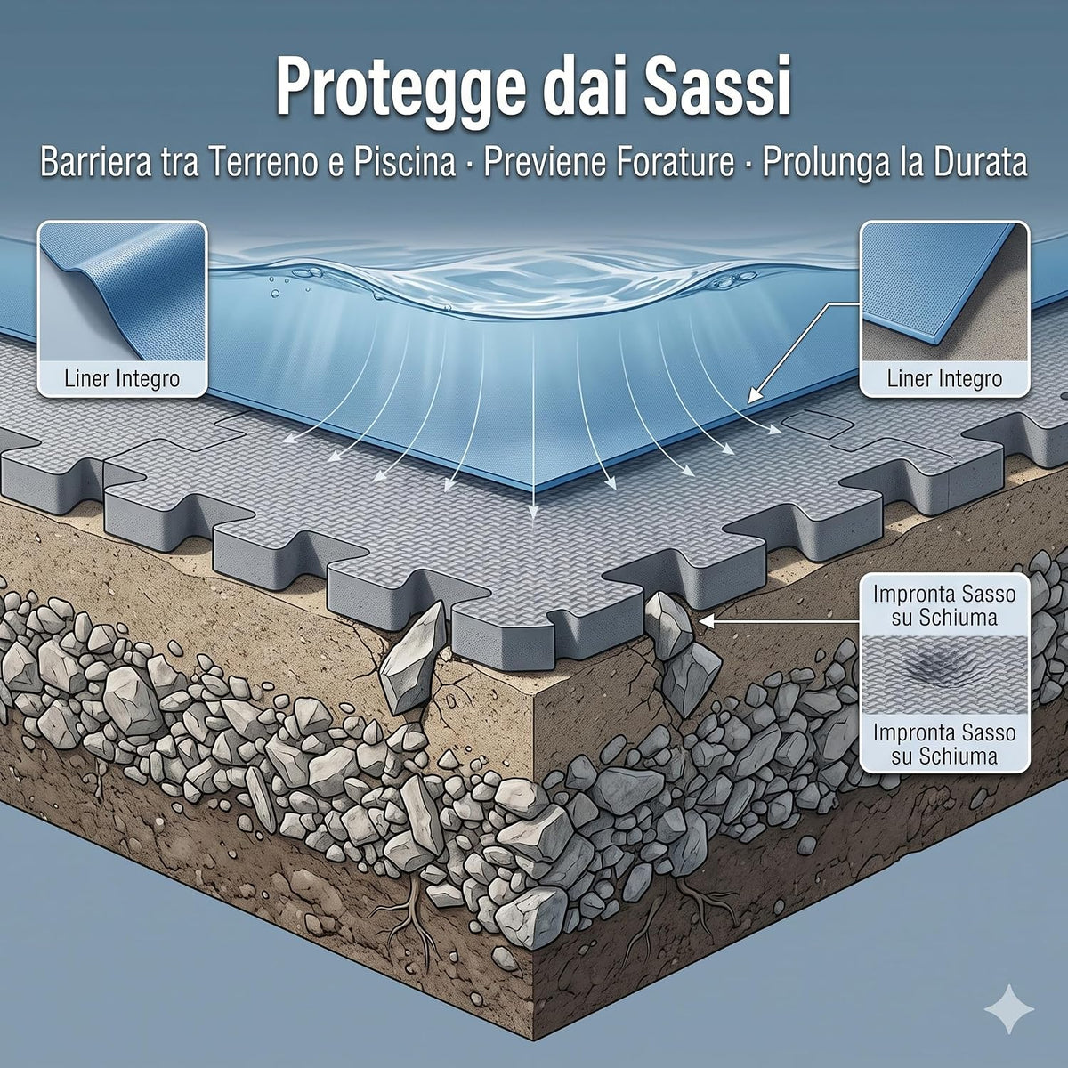 Grafico del tappeto sottofondo piscina a incastro che fa da barriera tra terreno e liner per proteggere la piscina dai sassi.