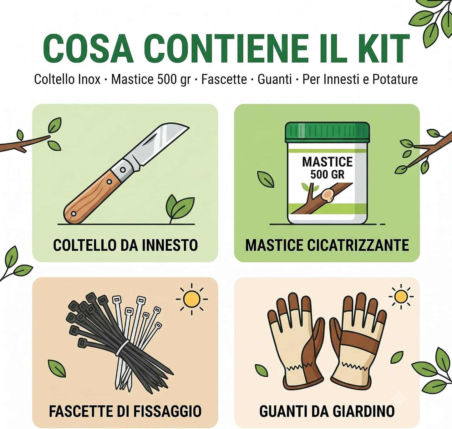 Kit Innesto Completo per Piante – Coltello da Innesto Lama Inox 17 cm con Mastice Cicatrizzante 500 gr Fascette per Legatura e Guanti – Set per Innesti Potature e Talee di Alberi da Frutto - Lemag srl