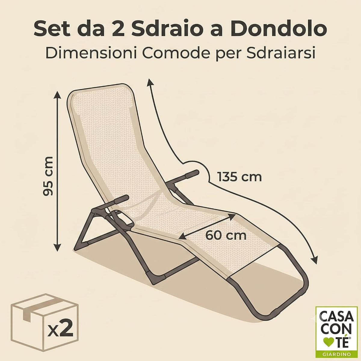 Schema con dimensioni di una sdraio a dondolo da giardino beige melange per terrazzo e veranda: 135x60x95 cm.