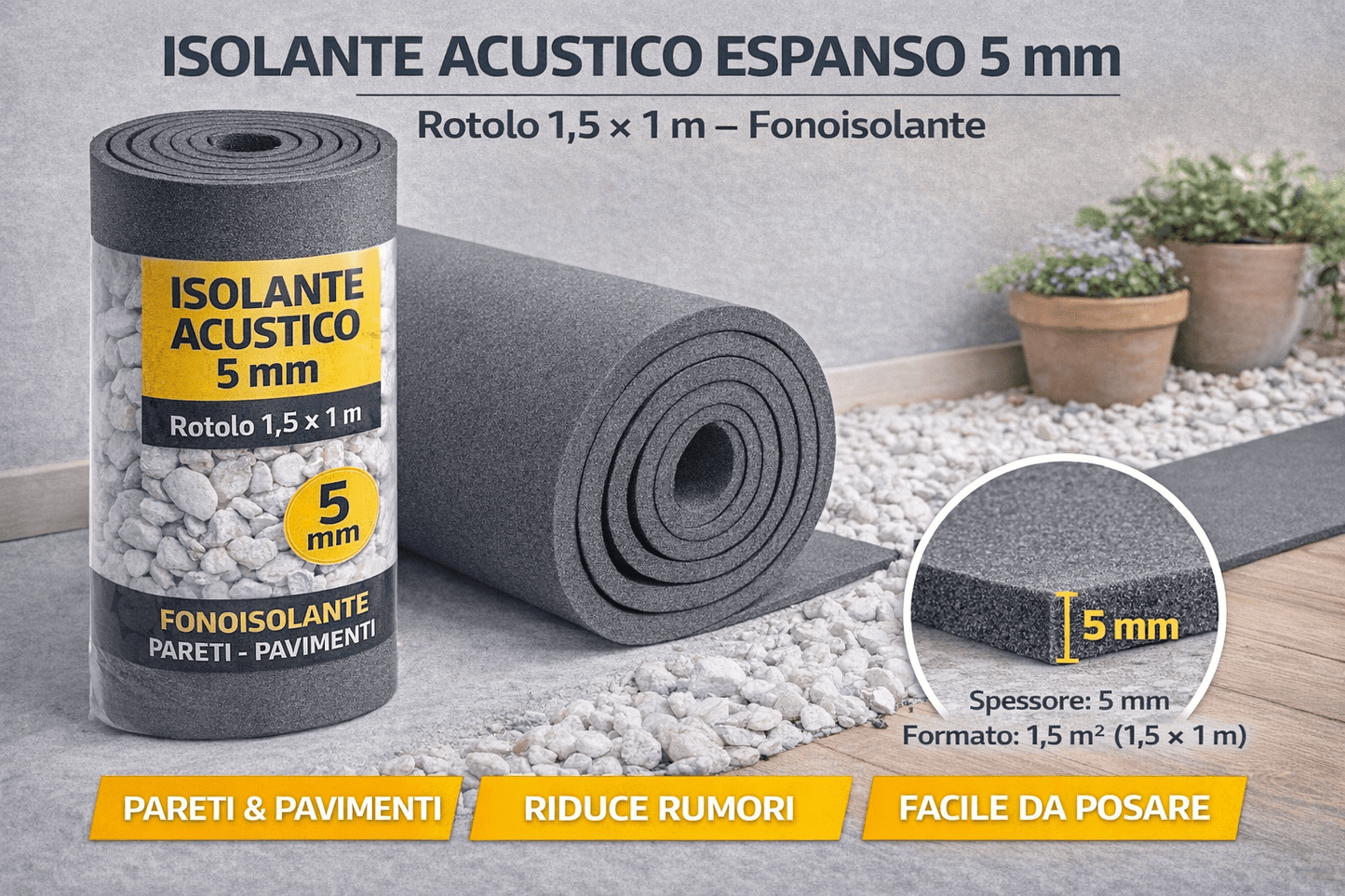 Isolante Acustico Espanso 5mm Rotolo 1,5x1 m Fonoisolante Pareti Pavimenti - Lemag srl