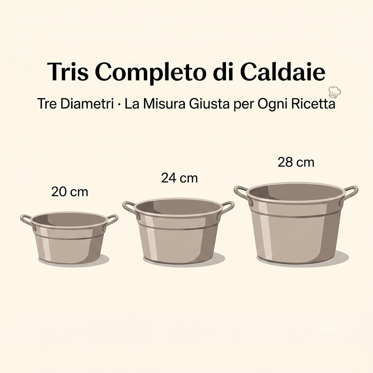 Tris di caldaie in alluminio di diametri 20, 24 e 28 cm per una cottura uniforme e rapida.