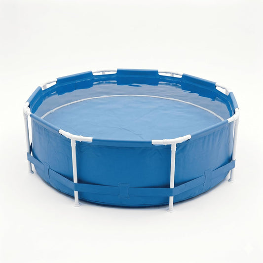 Piscina frame per bambini tonda con robusta struttura in metallo e telo blu, ideale per il giardino.
