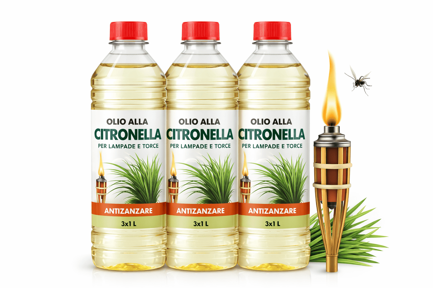 Olio alla Citronella per Lampade e Torce – 3 x 1 Litro – Olio Profumato Antizanzare – Bassa Fumosità – Ideale per Giardino, Terrazzo e Campeggio – LEMAG SRL - Lemag srl