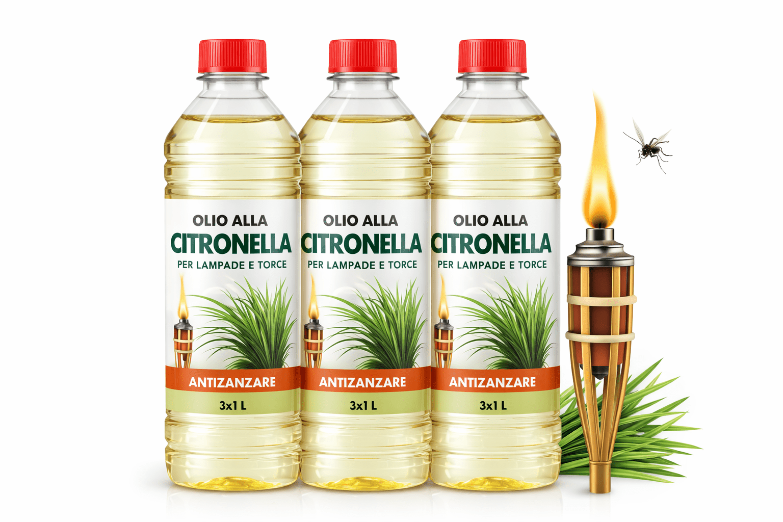 Olio alla Citronella per Lampade e Torce – 3 x 1 Litro – Olio Profumato Antizanzare – Bassa Fumosità – Ideale per Giardino, Terrazzo e Campeggio – LEMAG SRL - Lemag srl