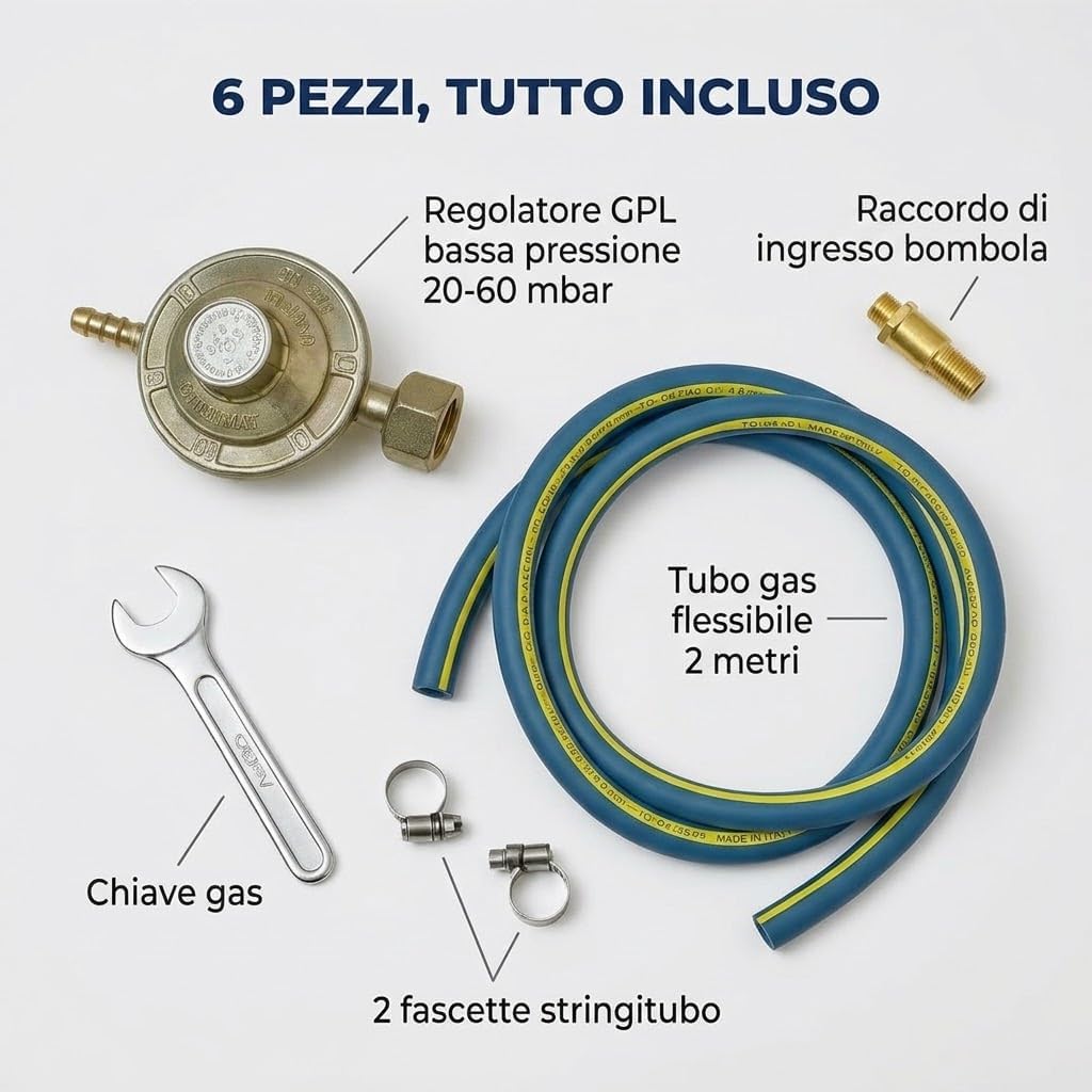 Regolatore Gas GPL Regolabile 20-60 mbar – Kit Riduttore di Pressione Bassa Pressione per Bombola con Tubo Gas 2 m, 2 Fascette e Chiave Gas – Uso Domestico, Campeggio, Camper - Lemag srl