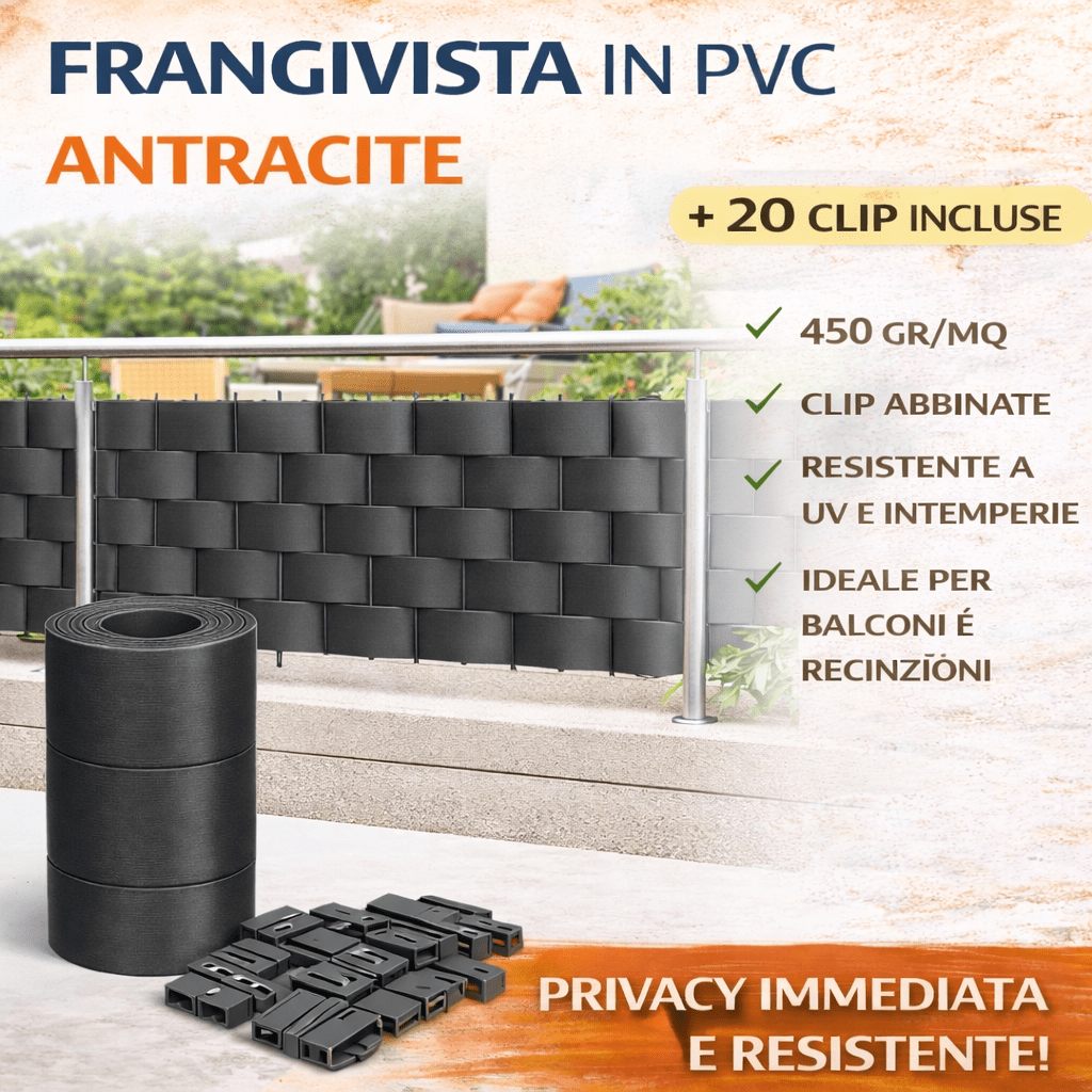 Striscia Frangivista in PVC Cardinale 19 cm x 35 m con 20 Clip Privacy Balcone Recinzione - Lemag srl