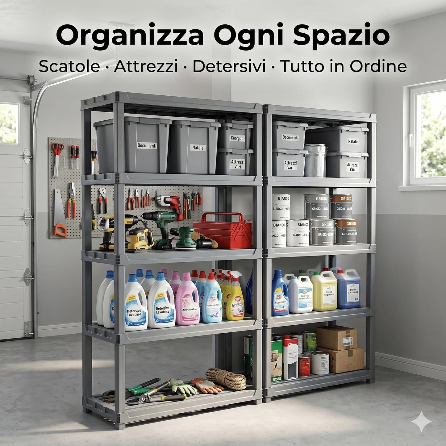 Scaffale in Resina 4 Ripiani 30x60x143h cm – Scaffalatura Portata 100 kg per Garage Cantina e Magazzino – Scaffale Plastica Resistente Montaggio a Incastro Senza Viti - Lemag srl