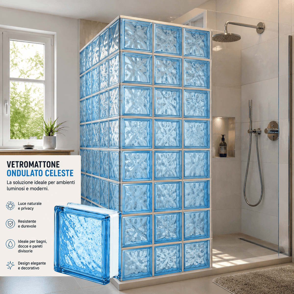 Vetromattone Celeste 19x19x8 cm Set 3 Pezzi Ondulato Mattone di Vetro Colorato Vetrocemento Decorativo per Pareti Divisorie Bagno Cucina Interni Esterni - Lemag srl