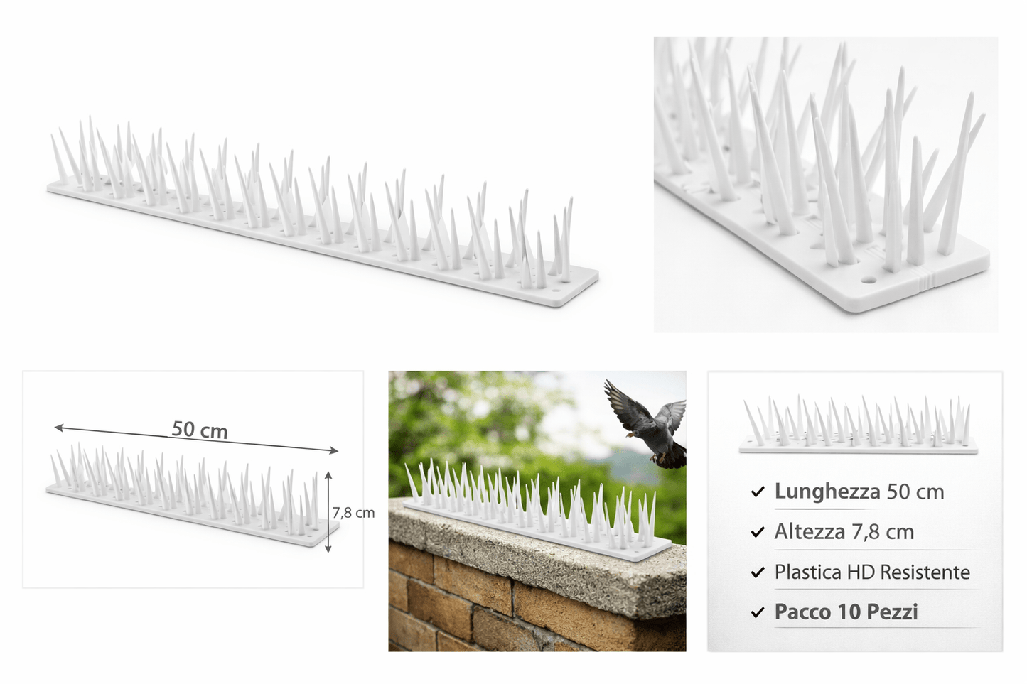 Dissuasore Volatili per Muretto in Plastica HD – 50x7,8 cm – Pacco 10 Pezzi – Anti Piccioni Bianco - Lemag srl