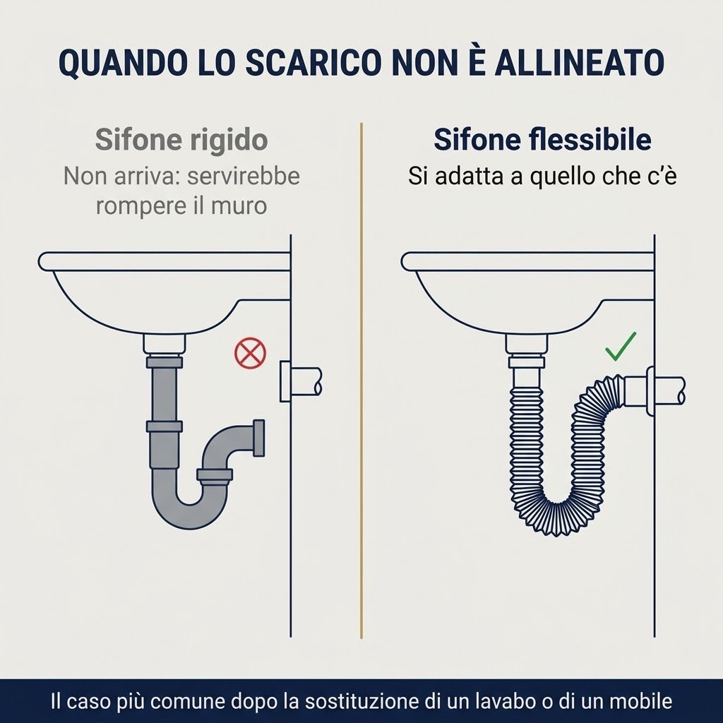 Sifone flessibile comprimibile per scarico non allineato, ideale come sifone lavello doppia vasca per cucina.
